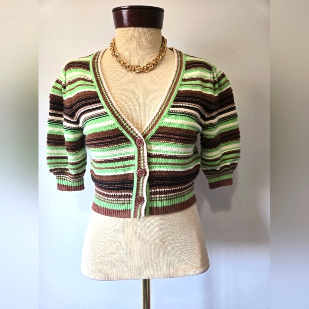WILFRED/ ARITZIA Merino Wool Striped Green and Brown Cropped Cardigan. Size 2XS